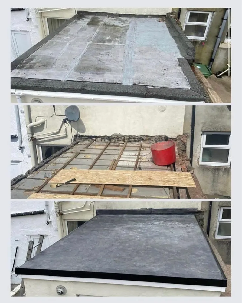 Flat roof before, during and after replacement