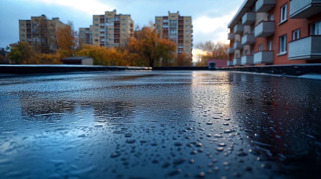 Close-up of raindrops on a flat surface with a blurred background of apartment buildings and autumn trees. The sky is overcast, creating a reflective surface with hints of light breaking through, perfectly complementing the sleek look of new roofs in the distance.