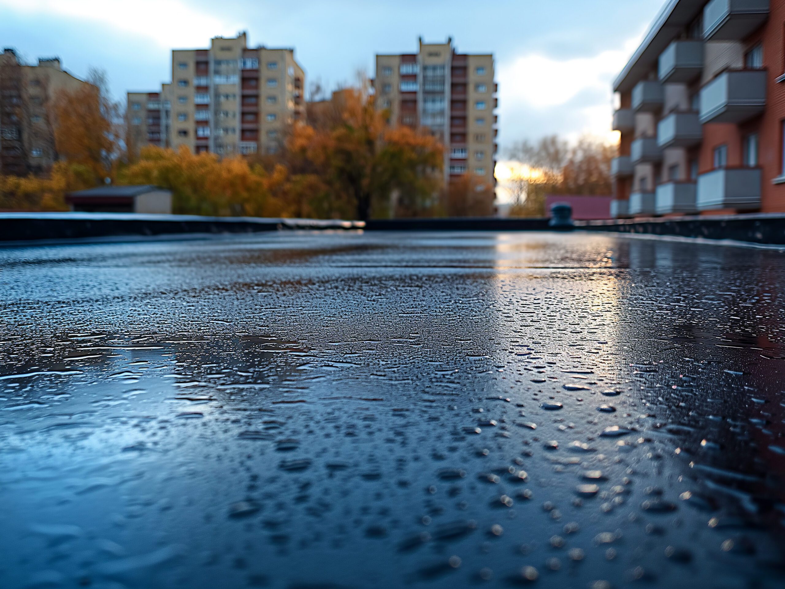 Close-up of raindrops on a flat surface with a blurred background of apartment buildings and autumn trees. The sky is overcast, creating a reflective surface with hints of light breaking through, perfectly complementing the sleek look of new roofs in the distance.